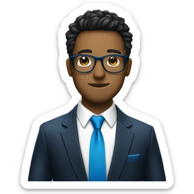 blue tie on formal suit with black glasses and a blue spike on his shoulder sticker