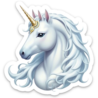 Beautiful and Majestic White Unicorn Portrait Emoji, Head and body exuding serene brilliance with a luminous, flowing mane and a gracefully spiraled horn, eyes gently closed in peaceful reverie, Simplified yet exquisitely enchanting features, highly detailed, glowing with a soft, celestial light, high shine, serene and utterly majestic, stylized with an air of timeless fantasy, soft glowing outline, capturing the essence of a beautiful and majestic white unicorn that embodies the pure magic of legend! sticker