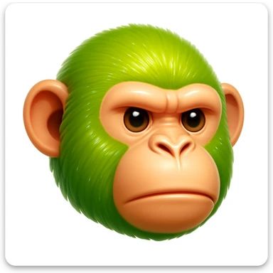 Create a chimpanzee emoji that looks exactly like the reference image in iOS emoji style. The emoji should have 3D appearance, shiny surface, smooth gradients, soft shadows, and realistic green fur on the chimpanzee face with a classic emoji look. Add a glossy effect to the fur. sticker
