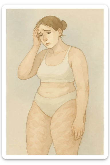 painterly style with soft colors of a woman with a lot of cellulite, visibly desperate and tired of her condition, face visible with a marked expression of despair and fatigue, gradient background sticker