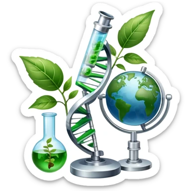 An icon featuring a DNA helix, a microscope, and a plant leaf, symbolizing biology. The design includes animal cells, a test tube, and a globe, representing the study of life forms, ecosystems, and genetics. Transparent background highlights the exploration of living organisms. sticker