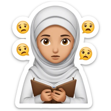 Muslim girl writing in notebook with difficulty, with confusion, emoji question sticker
