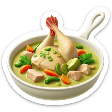 Cinematic Realistic Green Chicken Curry Dish Emoji, depicted with tender chicken simmered in a fragrant green curry sauce with vegetables rendered with rich textures and dynamic, vibrant lighting. sticker