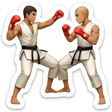 Round emblem symbolizing striking martial arts. The emblem features two fighters in dynamic stances, one delivering a powerful punch while the other defends with a block. In the center, a stylized fist and foot crossed to represent the essence of striking.  sticker