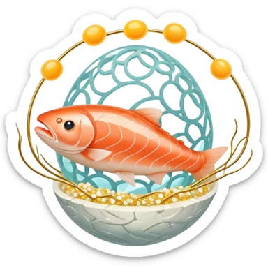 A sparkling crystal brain surrounded by pieces of salmon, a golden egg yolk, and fermented soy floating in a spiral. Thin light beams connect from these foods to glowing points on the brain surface, creating a circuit of expanded focus. sticker