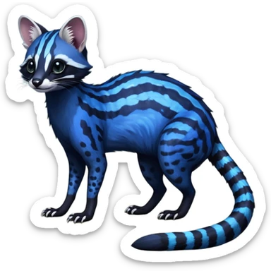 Feral Rare Fantasy iridescent scaly evil spooky vibrant dark shady shaded detailed deep-dark-cobalt-blue-gradients-colored colorful Genet-Trico-Civet-Cacomistle-Margay-species by LiLaiRa, with dark-blackish points, white belly, random markings, tufted tail, tufted ears, full body sticker