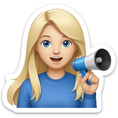  blue eyes blonde girl yelling into megaphone smiling long hair holding up finger sticker