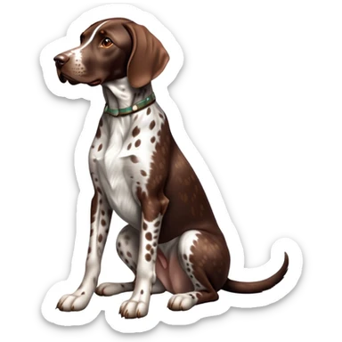 cinematic-[german pointer]-realistic-full-body-sitting-emoji,-tail-resting-loosely-beside-its-paws,-head-tilted-dramatically,-sleek-[brown and white spotted]-fur,-simplified-yet-realistic-focused-features,-highly-detailed,-glowing-with-an-almost-sarcastic-glow sticker