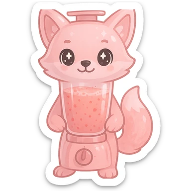 full-body blender fox with see-through body, fruity smoothie inside, sparkling eyes, pastel pink color, transparent background sticker