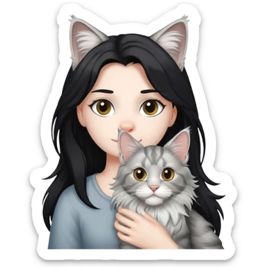 a silver based Maine Coon cat holding a black hair girl sticker