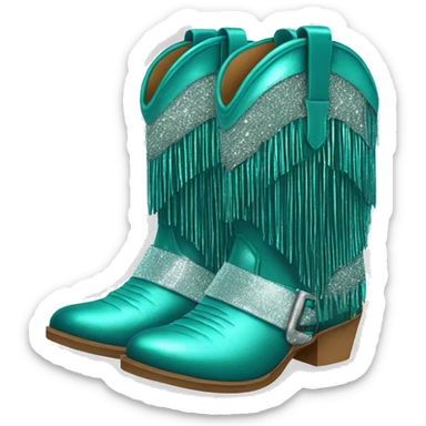 Realistic teal fashion cowgirl boots with sparkly shiny glitter fringe on them. sticker