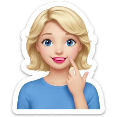 Girl Blonde short wavy hair,  blue eyes, cute blue top, long lashes, pink lips, smiling, hand covering the mouth sticker