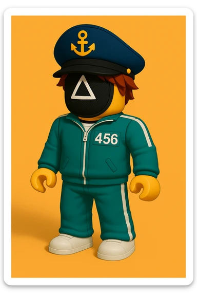 Add a Squid Game mask to the Roblox bacon character while keeping the Squid Game player tracksuit and captain hat. The style should be playful and bold, emphasizing the character's fun and striking appearance. sticker