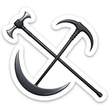 The scythe of the God of Death, a symbol of death, is long and straight, entirely in deep black. sticker