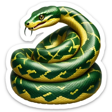 cinematic-anaconda-realistic-full-body-coiled-emoji,-thick-muscular-body-wrapped-in-powerful-loops,-smooth-green-and-black-patterned-scales-glinting-under-the-light,-head-raised-slightly,-piercing-golden-eyes-staring-intensely,-simplified-yet-realistic-focused-features,-highly-detailed,-glowing-with-an-almost-sarcastic-glow sticker