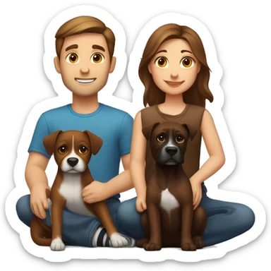 a girl with brown hair, and a man with short brown hair, sitting with two dark brown boxer dogs sticker