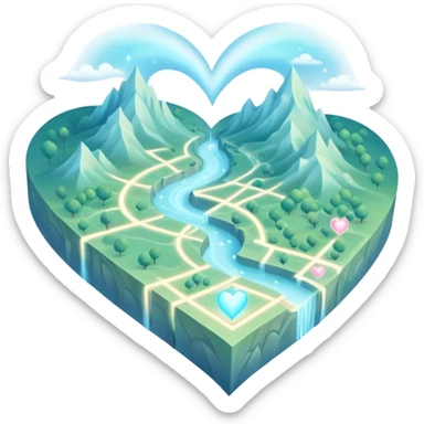 Dreamlike folded map with ethereal mist and shimmering heart pathways that glow with magical energy sticker