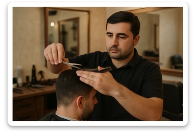 shu odamni sartaroshxonada mijozlarni sochini olayotganin  tasvirlab ber juda yosh ham katta ham bo'lmasin semiz ham bo'lib ketmasin o'smirin davrini yuzi ko'rinmasin sticker