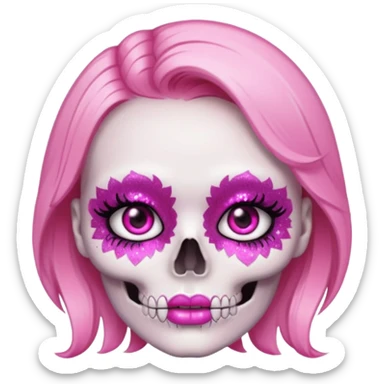 Skull with pink makeup, pink blush, pink eyelashes, pink eyes, glittery shiny sticker