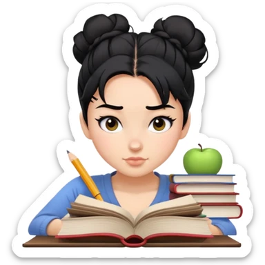 A baddie studying books, black hair, messy bun,  sticker