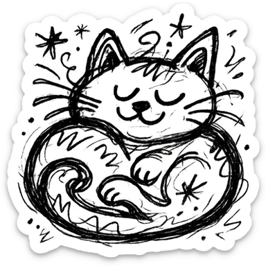 chaotic outlined icon of a cute cat curled up and purring, with exaggerated, whimsical features sticker