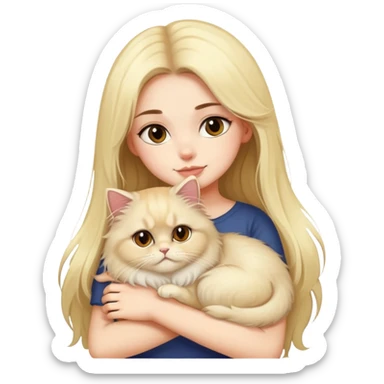 pretty girl with DARK long hair hugging her blonde fluffy persian cat  sticker
