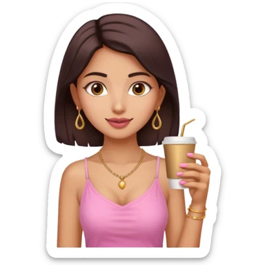 a pretty fair indian bratz girl with a pink cami top, drinking takeaway brown coffee, golden dainty necklace sticker