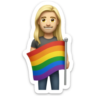 caucasian man with straight long blonde hair holding gay flag sticker