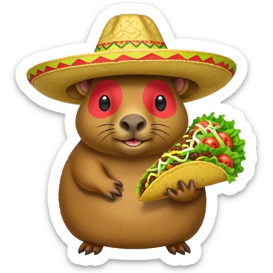 Make a capybara with a taco as a body and a Mexican hat sticker