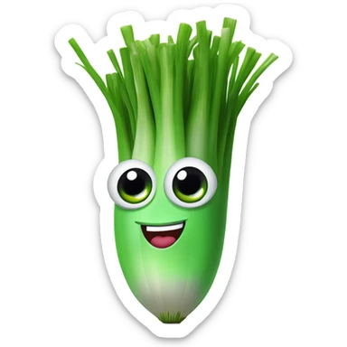 3D Cheerful green onion with big expressive eyes, a wide smile, and a few green stalks on top. Designed in a cute, cartoonish style with vibrant colors. sticker