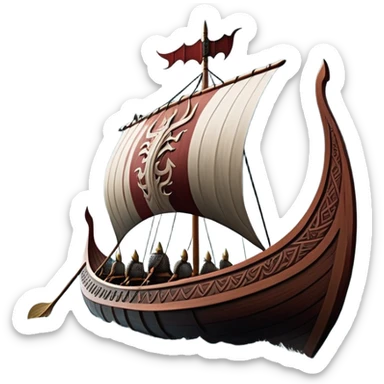 detailed-cinematic-viking-longboat, rendered in a flat, bold vector style with minimal shading, featuring a striking dragon-headed prow slicing through waters. shields on the side and vikings rowing The longboat’s, the boat has carved motifs evoke a sense of epic adventure and Nordic might, with billowing sails catching a dramatic, stormy sky backdrop. sticker