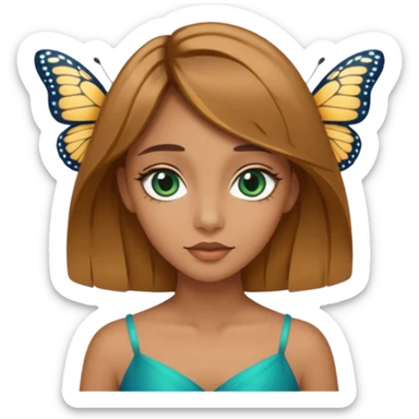 Mädchen mit dunkel-honig blonden Haaren mit einem butterfly cut und dunkel blau-grüne ocean mandel förmige schmale große enge scharfe Augen  sticker