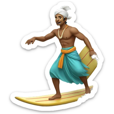 An Indian Surfing on a wave but wearing a dhoti sticker