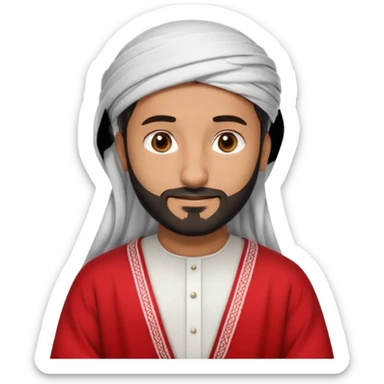 detailed iPhone-style emoji of a Saudi man with a soft, round cartoon face, short beard, gentle brown eyes, calm confident smile, wearing traditional white thobe, red-and-white shemagh with black agal, both hands gently crossed over chest sticker