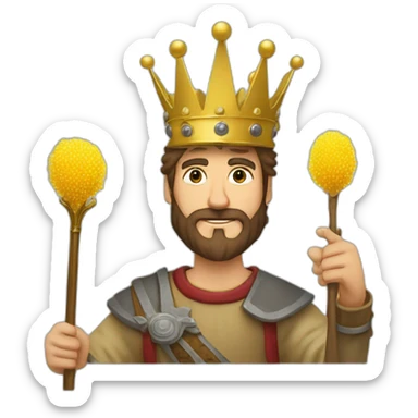 medieval peasant in a crown with a golden scepter in his hand. with a different mimosa symbolizing emotions sticker
