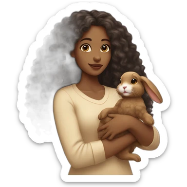 black woman long curly hair holding floppy eared tan rabbit cute sticker