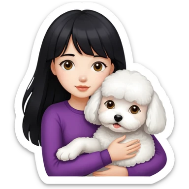 A beautiful girl with long black hair and bangs hugs a super small Bichon Frise dog sticker