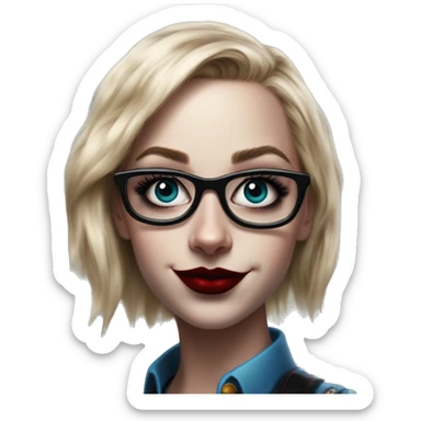 Geeky programmer in Harley Quinn style, oil paint, mysterious eyes, intricate lips, masterpiece portrait, odd perspective, beautiful, desirable, logical sticker