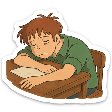 ghibli style person slumped over a desk, looking lethargic sticker