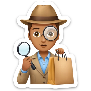 mystery shopper holding a magnifying glass and a shopping bag sticker