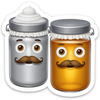 Garama and Madundung are together a gray container of salt and a honey container with a cloth on top. They each have eyes with white in the middle, a mouth, nose, and mustache both customary to their colors. They have hairy legs and emit an aura of salt (Garama), and honey (Madundung). sticker