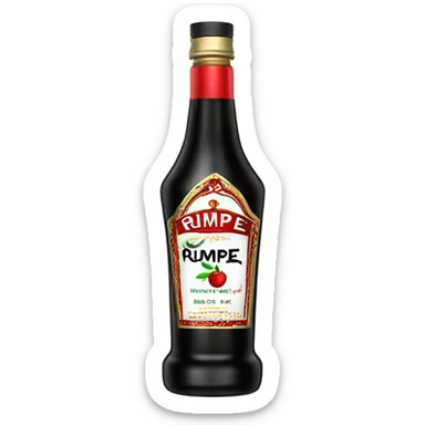 Tall clear alcohol bottle of “Rumple Minze” alcohol with black and red label sticker