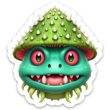 poisonous mushroom monster portrait, head and shoulders only, animal-like creature, mushroom cap head with spikes, toxic green glow, beast-like eyes, furry neck details, monstrous but cute fantasy vibe, 3D cartoon, mobile game icon style, clean background, no text, no watermark

 sticker