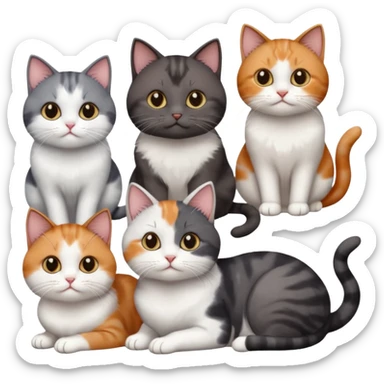 5 different coloured short haired cats including; a dark brown and white cat, and a dark grey and white, and a calico sticker