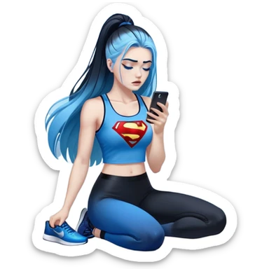 Shameful disappointed crying-very very very very big chest-texting on a samsung cell phone-very long straight flowing black to sky blue hair ombre-blue eyes-black eyeliner-long eyelashes-plastic sparkling sky blue very low cut tank top with sparkling superman logo-black leggings-nike sneakers sticker