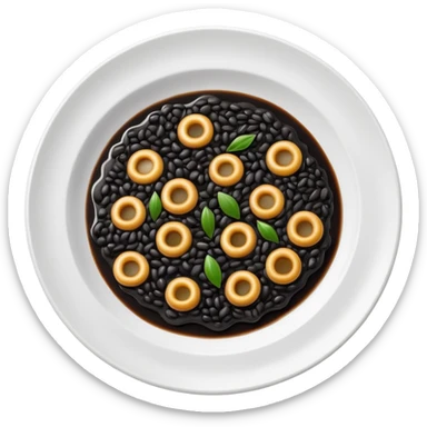 cinematic-realistic-black-risotto-dish-emoji,-showcasing-small ring pieces in black sauce -rendered-with-bold-textures-and-dynamic,-dramatic-lighting in a white plate sticker