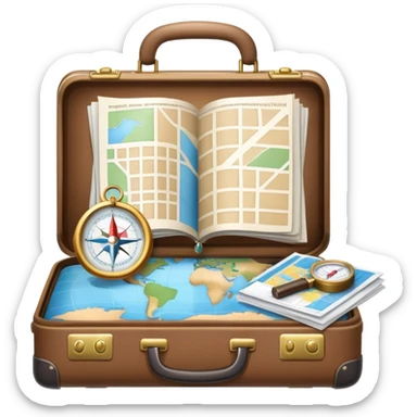 An icon featuring a suitcase, hotel building, symbolizing the scientific study of tourism and hospitality. The design includes a map, a compass, and a checklist, representing travel planning and service management. Transparent background highlights the academic exploration of the tourism industry. sticker