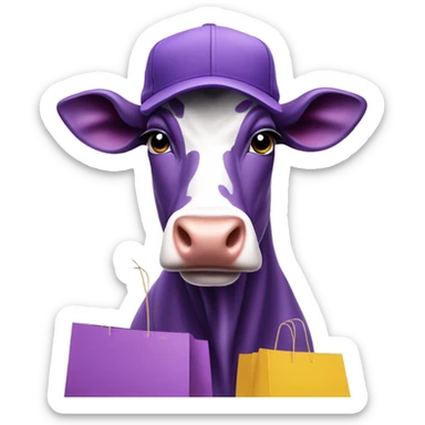 Purple cow in a cap with shopping bags sticker