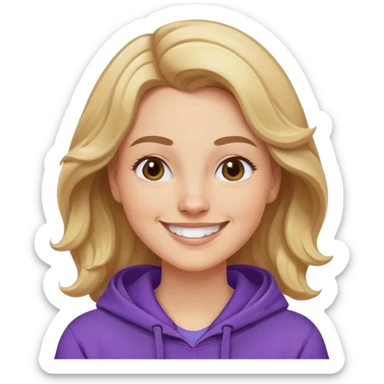 Mujer caucasian, cara redonda, cejas suaves, pelo ondulado castaño claro con puntas rubias, raya al lado. Sonrisa amplia, expresión feliz. Hoodie lila puesta sticker