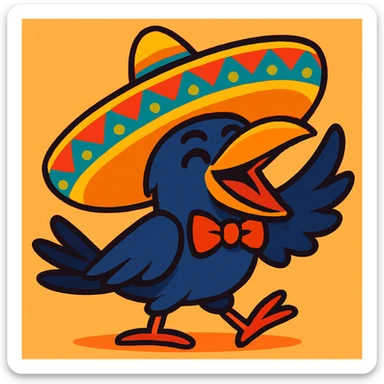 a cartoon crow with a large mariachi sombrero, festive look, colorful and lively sticker